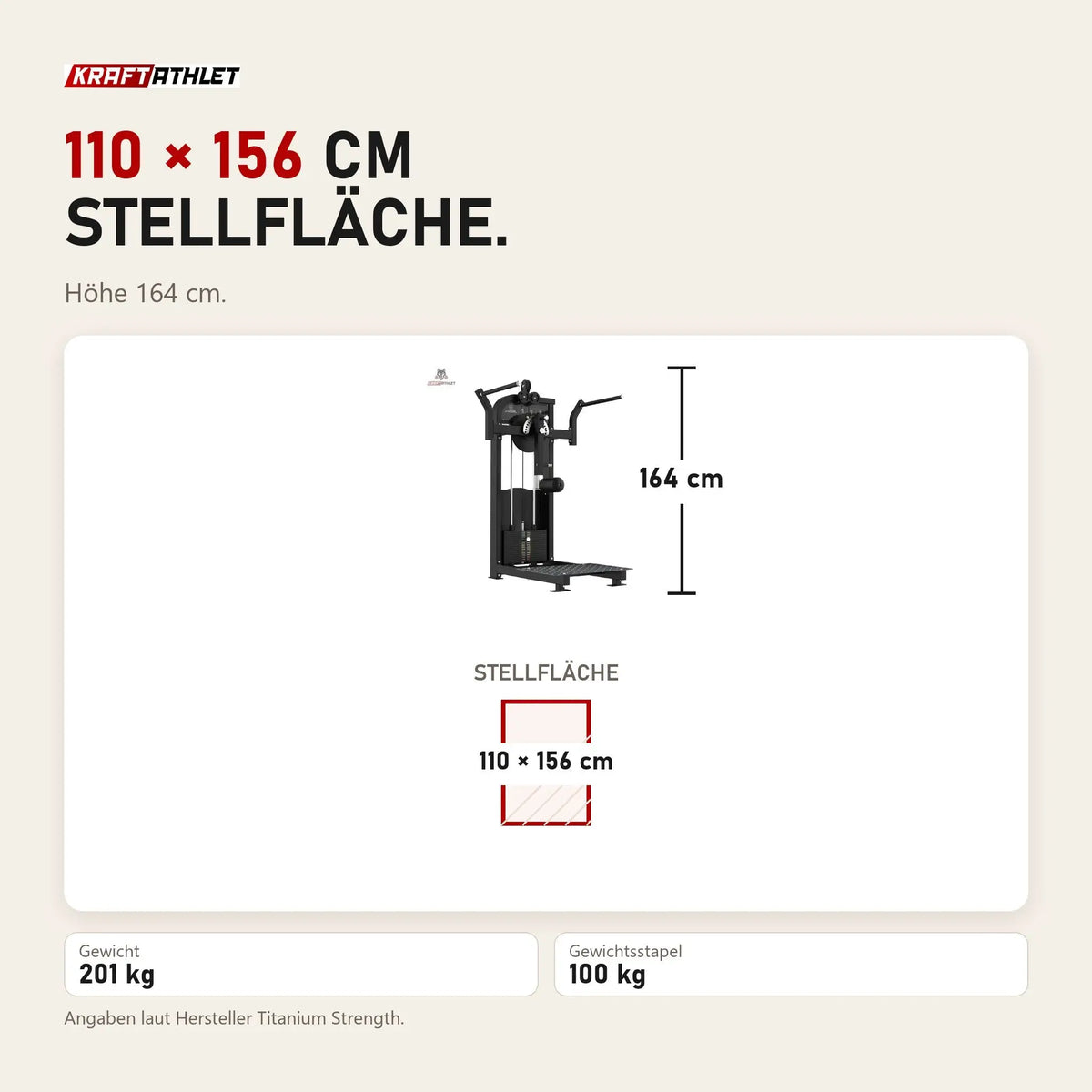 Maßbild Titanium Strength Elite Series Multi Hip: Stellfläche 110 × 156 cm, Höhe 164 cm