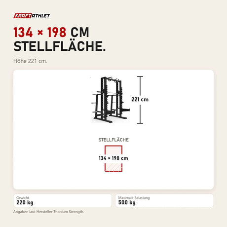 Maßbild Titanium Strength Elite Series Multipower Smith Machine + Rack Plus: Stellfläche 134 × 198 cm, Höhe 221 cm