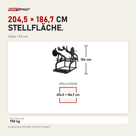 Maßbild Titanium Strength Elite Series Power Squat Pro Kniebeugenmaschine: Stellfläche 204,5 × 186,7 cm, Höhe 154 cm