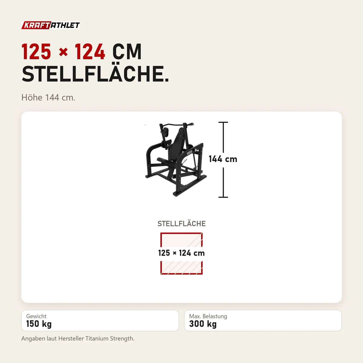 Maßbild Titanium Strength Elite Series Pullover Maschine: Stellfläche 125 × 124 cm, Höhe 144 cm