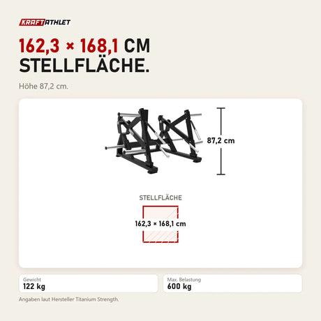 Maßbild Titanium Strength Elite Series Squat Lunge Maschine: Stellfläche 162,3 × 168,1 cm, Höhe 87,2 cm