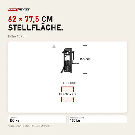 Maßbild Titanium Strength Elite Series Stehende Seitliche Erhebungen: Stellfläche 62 × 77,5 cm, Höhe 155 cm