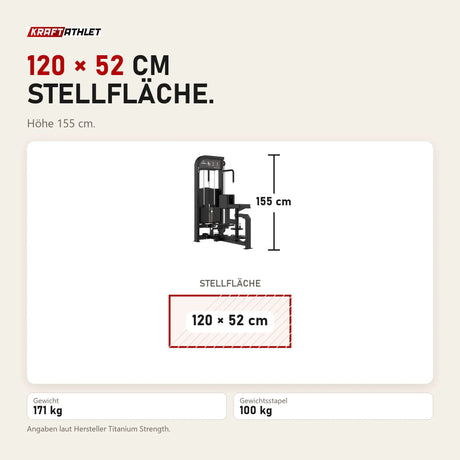 Maßbild Titanium Strength Elite Series Torso Rotation: Stellfläche 120 × 52 cm, Höhe 155 cm