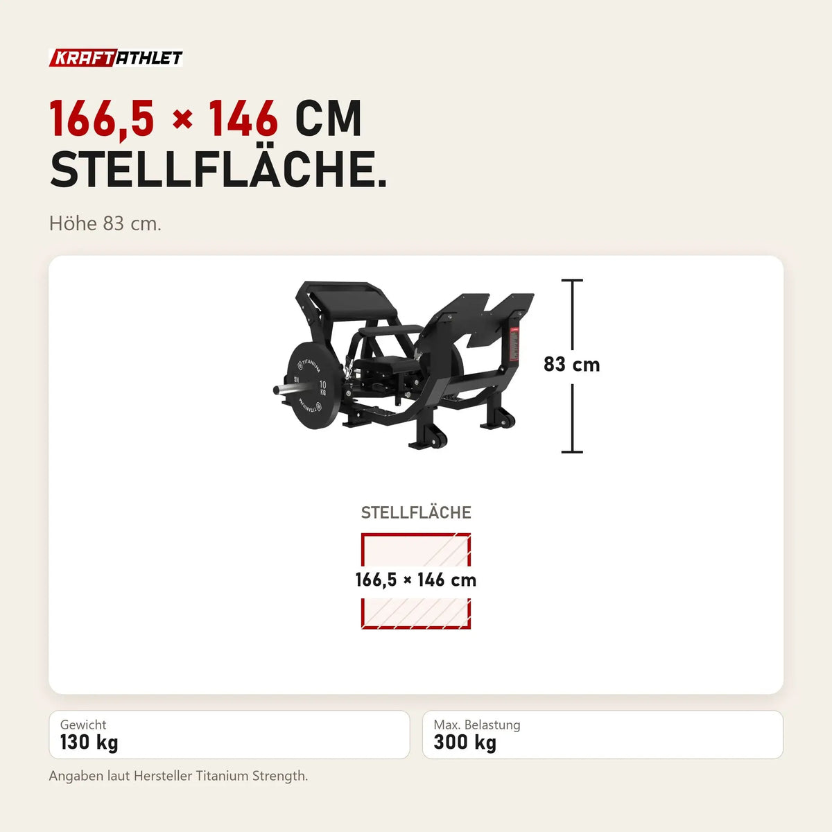Maßbild Titanium Strength Elite Series Ultimate Hip Thrust: Stellfläche 166,5 × 146 cm, Höhe 83 cm
