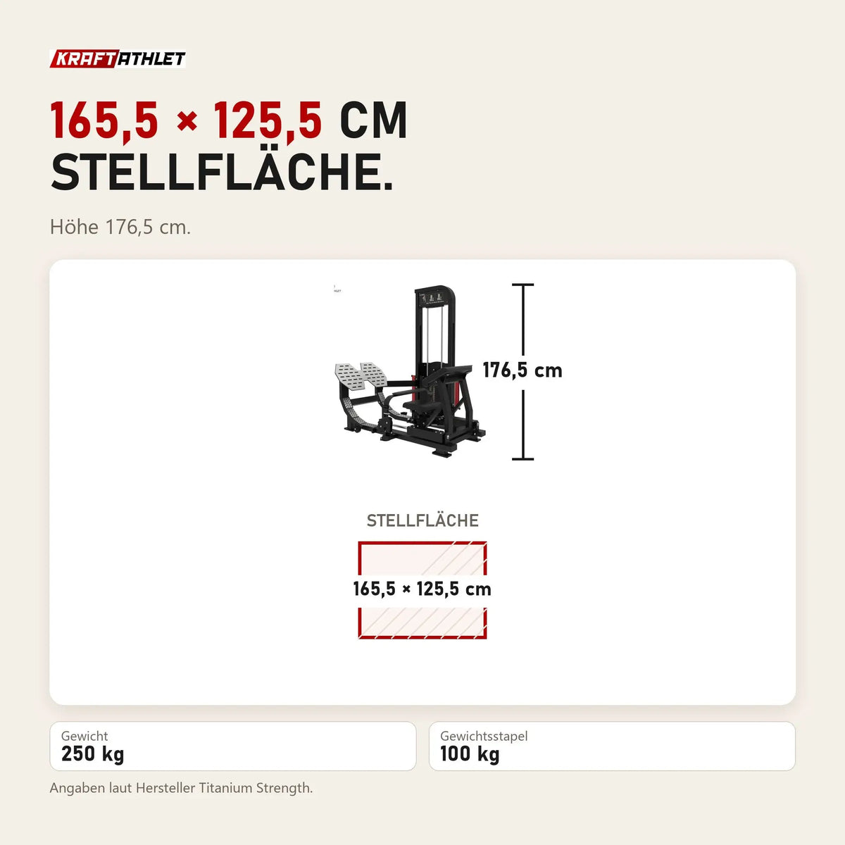 Maßbild Titanium Strength Elite Series Ultimate Hip Thrust: Stellfläche 165,5 × 125,5 cm, Höhe 176,5 cm