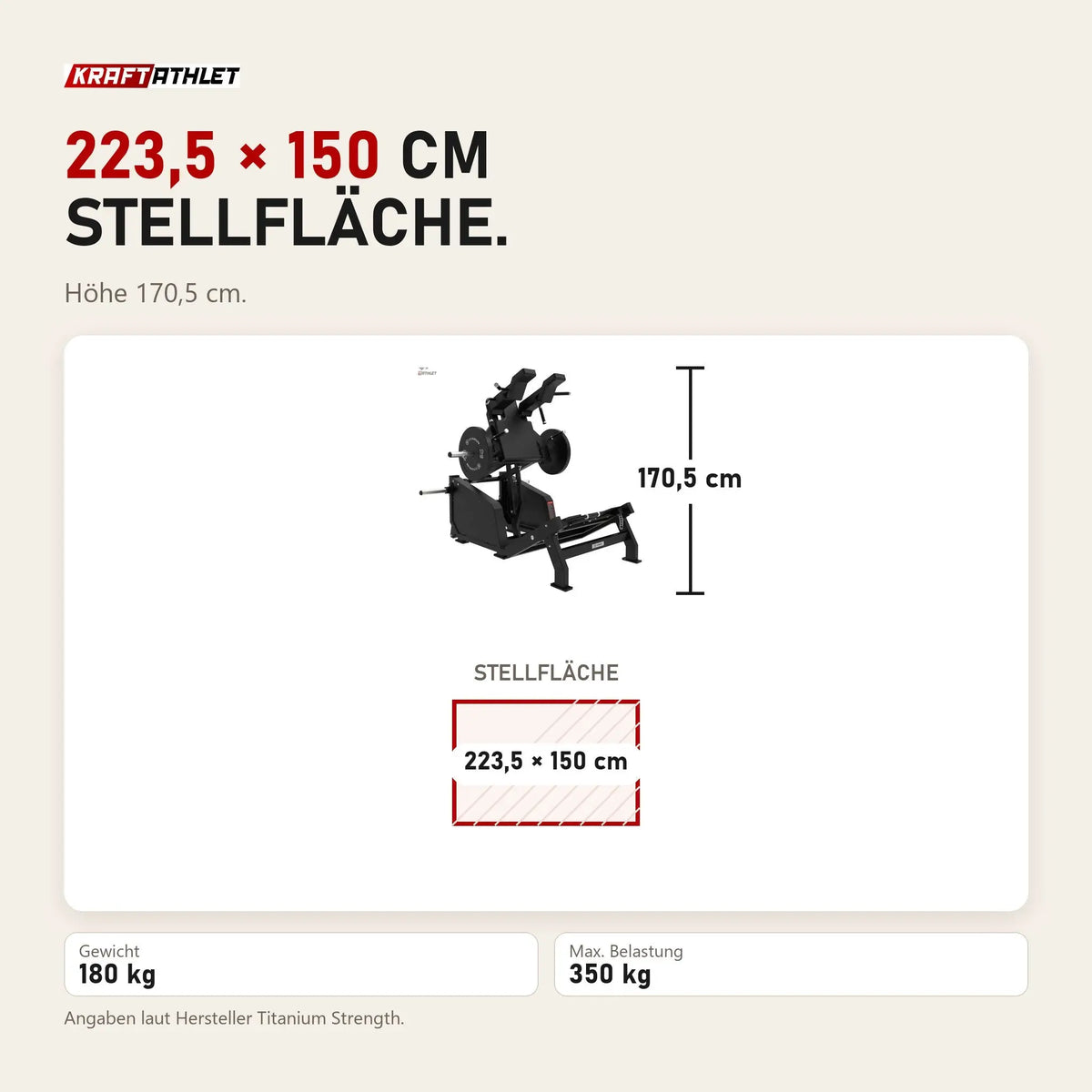 Maßbild Titanium Strength Elite Series Ultimate V-Squat: Stellfläche 223,5 × 150 cm, Höhe 170,5 cm