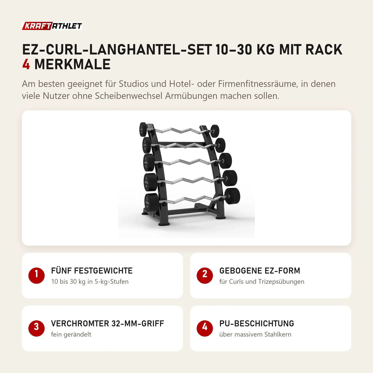 Titanium Strength EZ-Curl-Langhantel-Set 10–30 kg mit Rack mit 4 Merkmalen: Fünf Festgewichte, Gebogene EZ-Form, Verchromter 32-mm-Griff, PU-Beschichtung