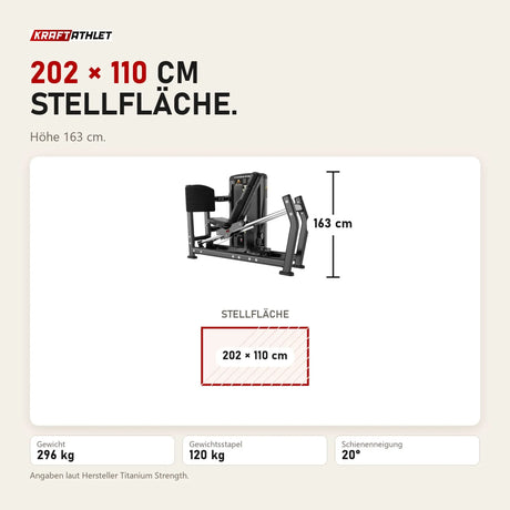 Maßbild Titanium Strength Genesis Series Horizontale Beinpresse: Stellfläche 202 × 110 cm, Höhe 163 cm