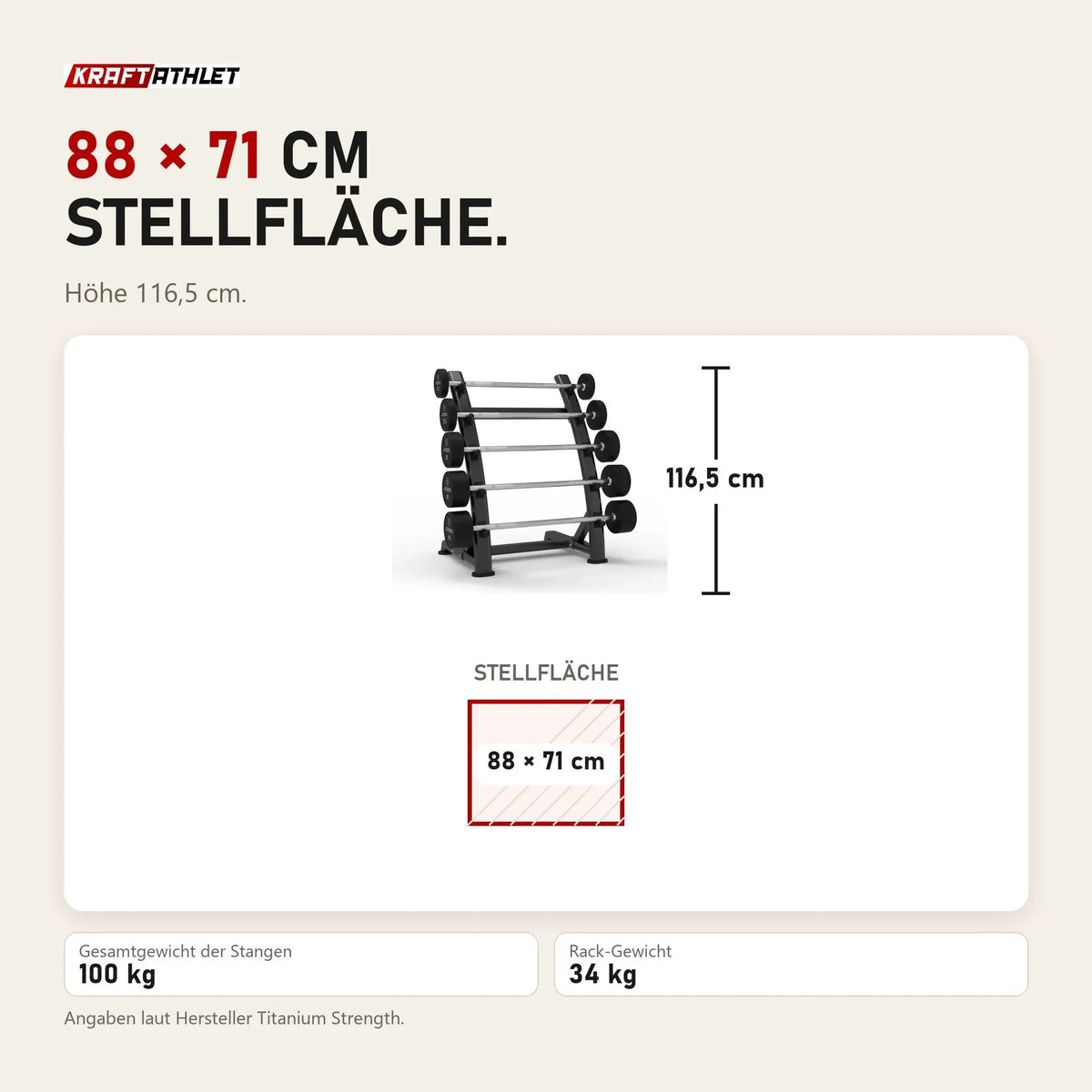 Maßbild Titanium Strength Gerade-Langhantel-Set 10–30 kg mit Rack: Stellfläche 88 × 71 cm, Höhe 116,5 cm