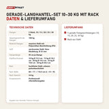 Technische Daten und Lieferumfang von Titanium Strength Gerade-Langhantel-Set 10–30 kg mit Rack als Tabelle