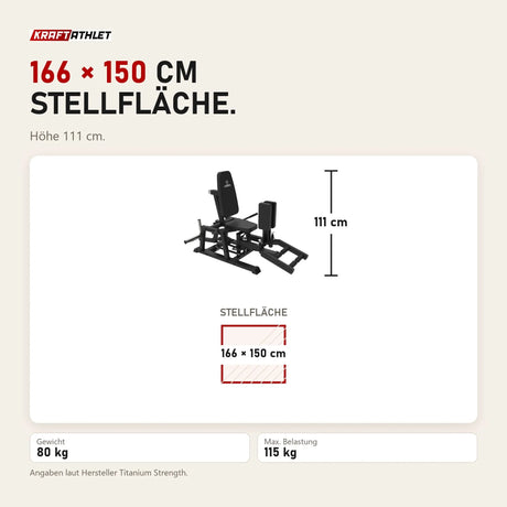 Maßbild Titanium Strength HA30 Abduktions-Adduktionsmaschine: Stellfläche 166 × 150 cm, Höhe 111 cm