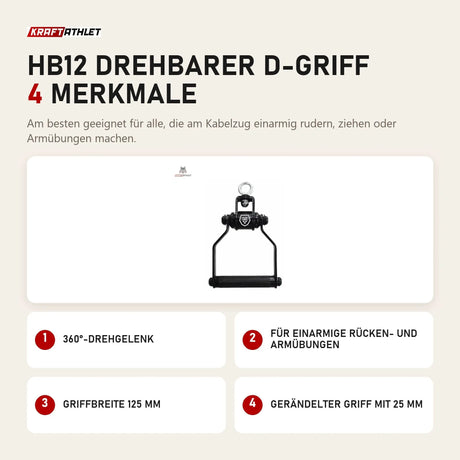 Titanium Strength HB12 Drehbarer D-Griff mit 4 Merkmalen: 360°-Drehgelenk, Für einarmige Rücken- und Armübungen, Griffbreite 125 mm, Gerändelter Griff mit 25 mm