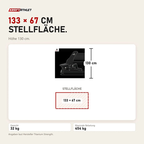 Maßbild Titanium Strength HD Utility Hantelbank 130RB: Stellfläche 133 × 67 cm, Höhe 130 cm