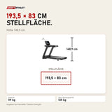 Maßbild Titanium Strength LC20 AC Laufband mit 15,6-Zoll-Touchscreen: Stellfläche 193,5 × 83 cm, Höhe 148,9 cm