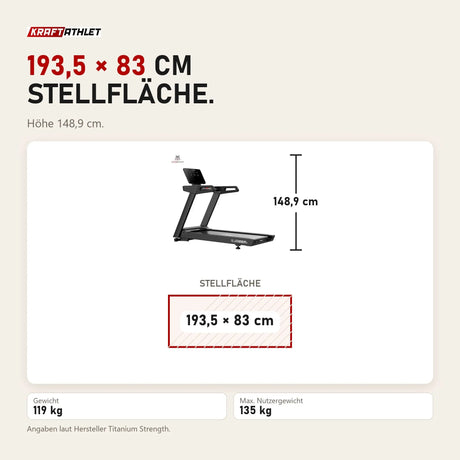 Maßbild Titanium Strength LC20 AC Laufband mit LED-Display: Stellfläche 193,5 × 83 cm, Höhe 148,9 cm