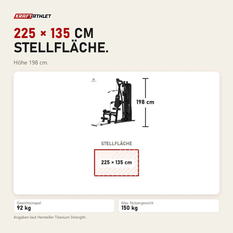 Maßbild Titanium Strength Multigym MG3: Stellfläche 225 × 135 cm, Höhe 198 cm