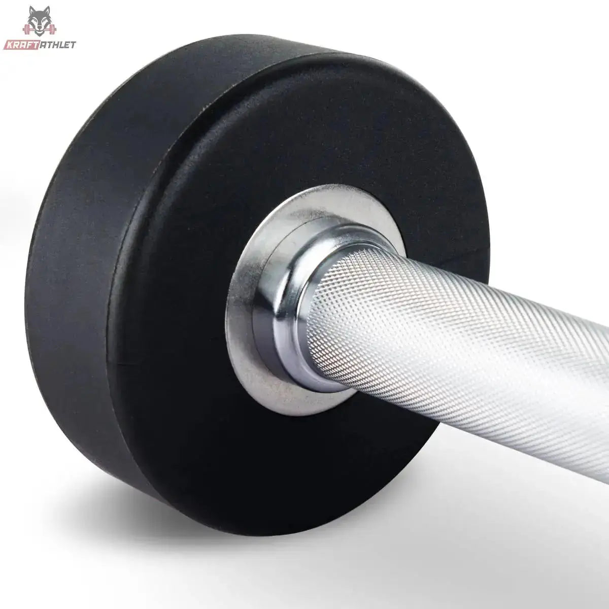 Titanium Strength Pro-PU-Kurzhantelset 2,5–25 kg mit Rack – Detail des verchromten Griffs mit Endscheibe