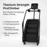 Titanium Strength ProClimber Stair Climber, Übersichtsgrafik mit Widerstandsstufen, Programmen und Nutzergewicht