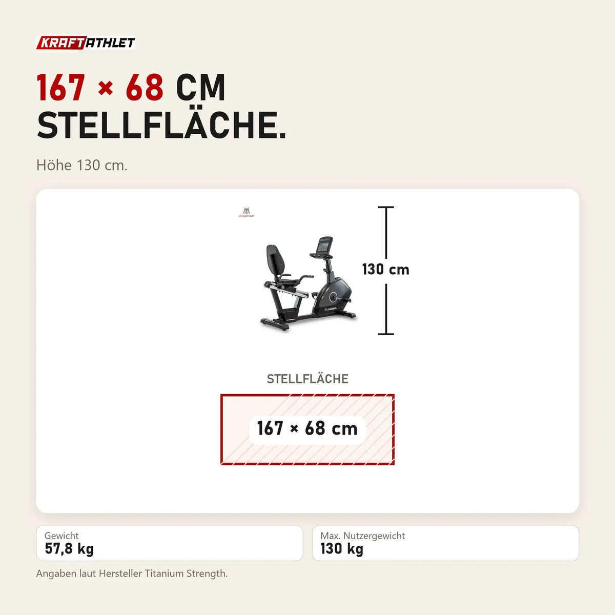 Maßbild Titanium Strength RB900 TFT Liegeergometer Performance Series: Stellfläche 167 × 68 cm, Höhe 130 cm