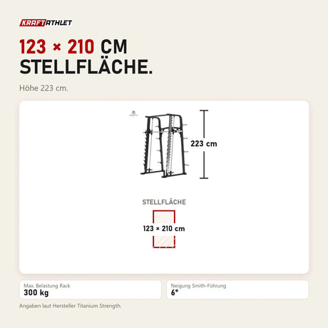 Maßbild Titanium Strength RXS Multipower mit Multilevel-Rack: Stellfläche 123 × 210 cm, Höhe 223 cm