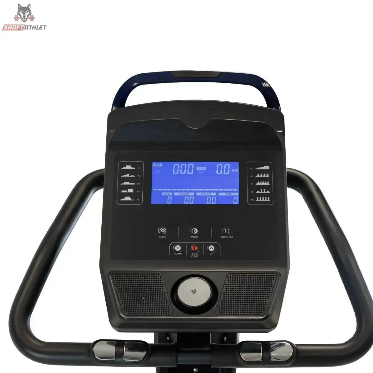 Titanium Strength ST900 LCD Ergometer Performance Series – Detail der LCD-Konsole mit Anzeige und Tasten am Lenker