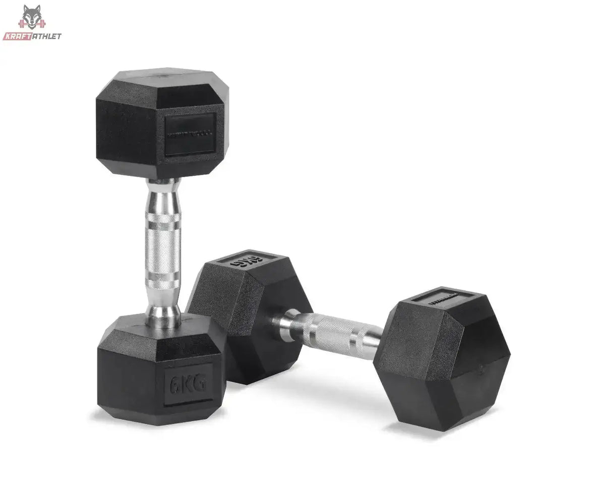 Titanium Strength TH20 Hex-Hantelset 2–20 kg mit Rack als Detail zweier gummierter Hex-Kurzhanteln mit Griff