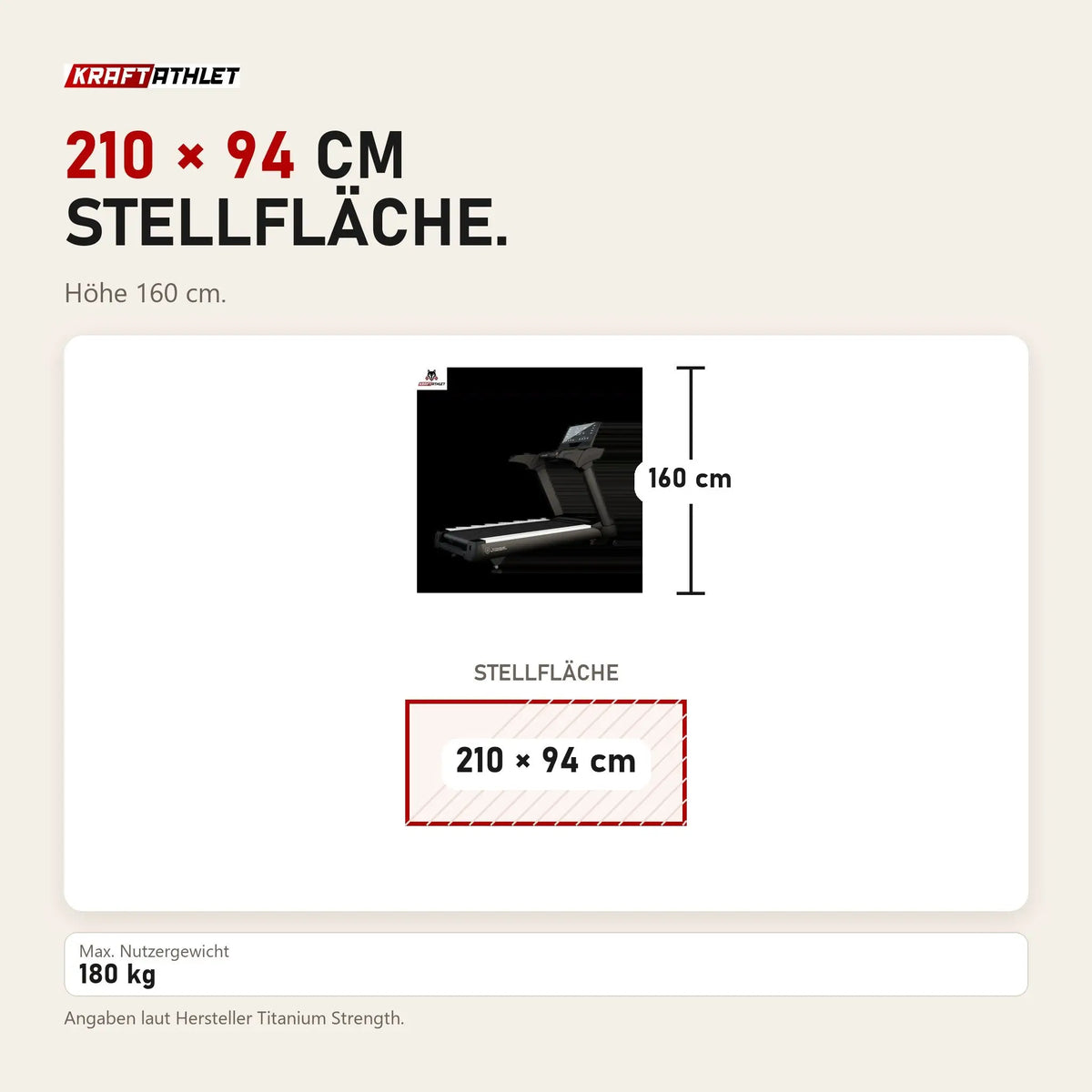 Maßbild Titanium Strength TM2000 Laufband Pro Series: Stellfläche 210 × 94 cm, Höhe 160 cm
