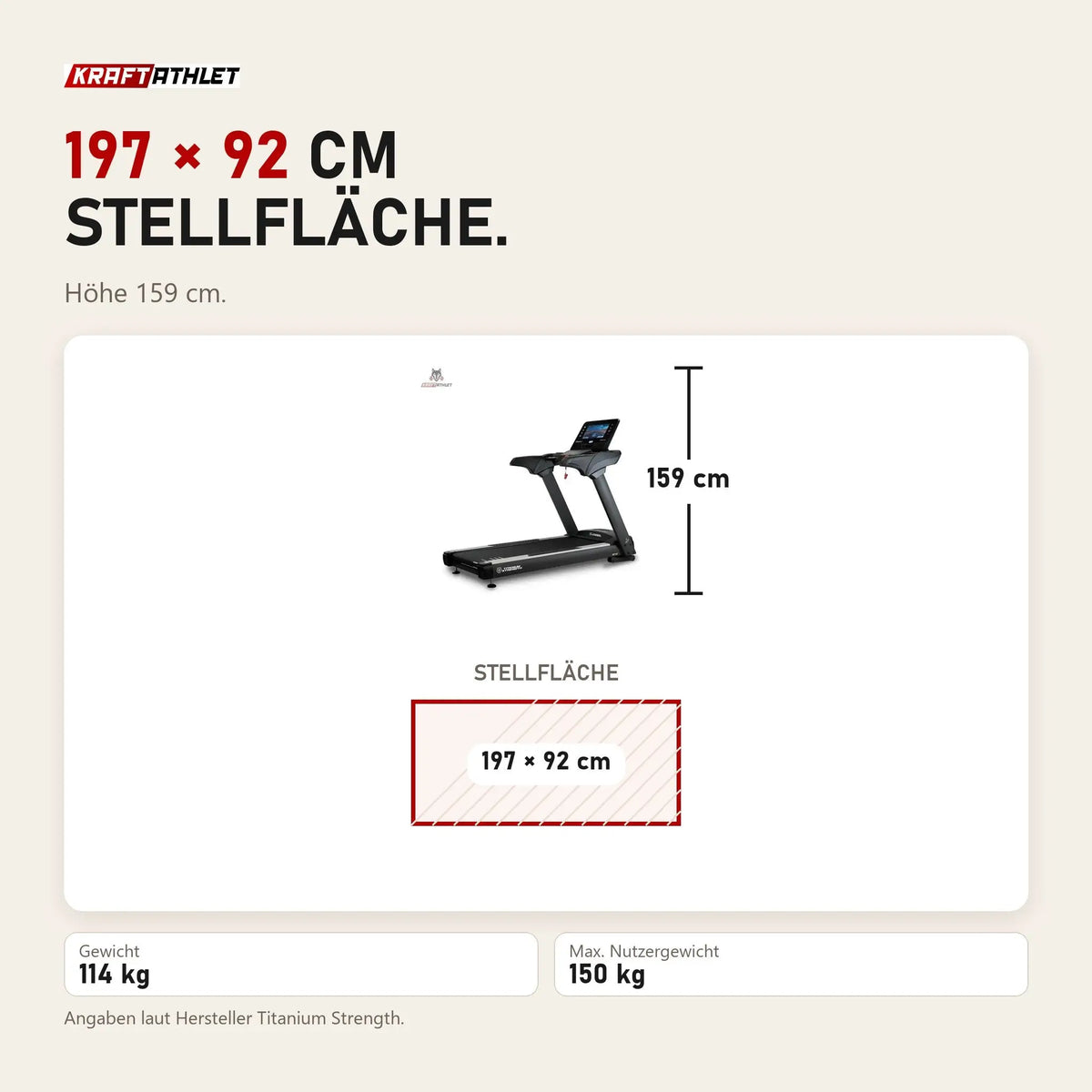 Maßbild Titanium Strength TM900 TFT Laufband mit 16-Zoll-Touchscreen: Stellfläche 197 × 92 cm, Höhe 159 cm