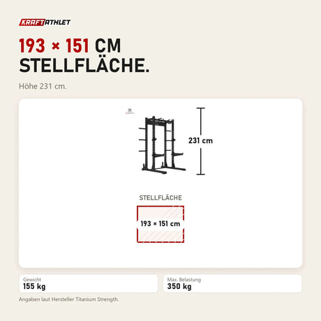 Maßbild Titanium Strength Half Rack TR60: Stellfläche 193 × 151 cm, Höhe 231 cm