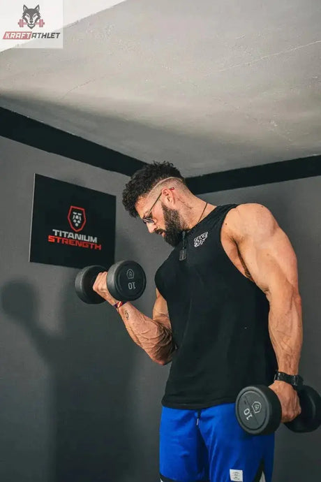 Titanium Strength TV20 Gummi-Hantelset 2–20 kg mit Hantelständer: Athlet trainiert Bizepscurls mit zwei Kurzhanteln im Studio