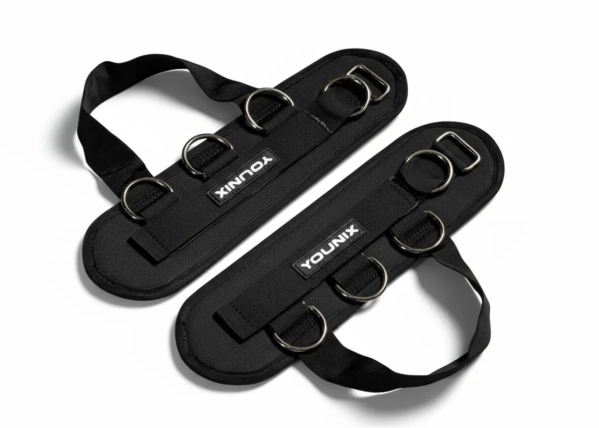 Younix Ankle Cuffs Fußmanschetten für den Kabelzug, Paar mit D-Ringen vor weißem Hintergrund