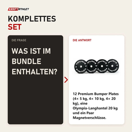 Frage und Antwort zu Younix Bumper Bundle 140 kg Langhantel-Set: Was ist im Bundle enthalten?