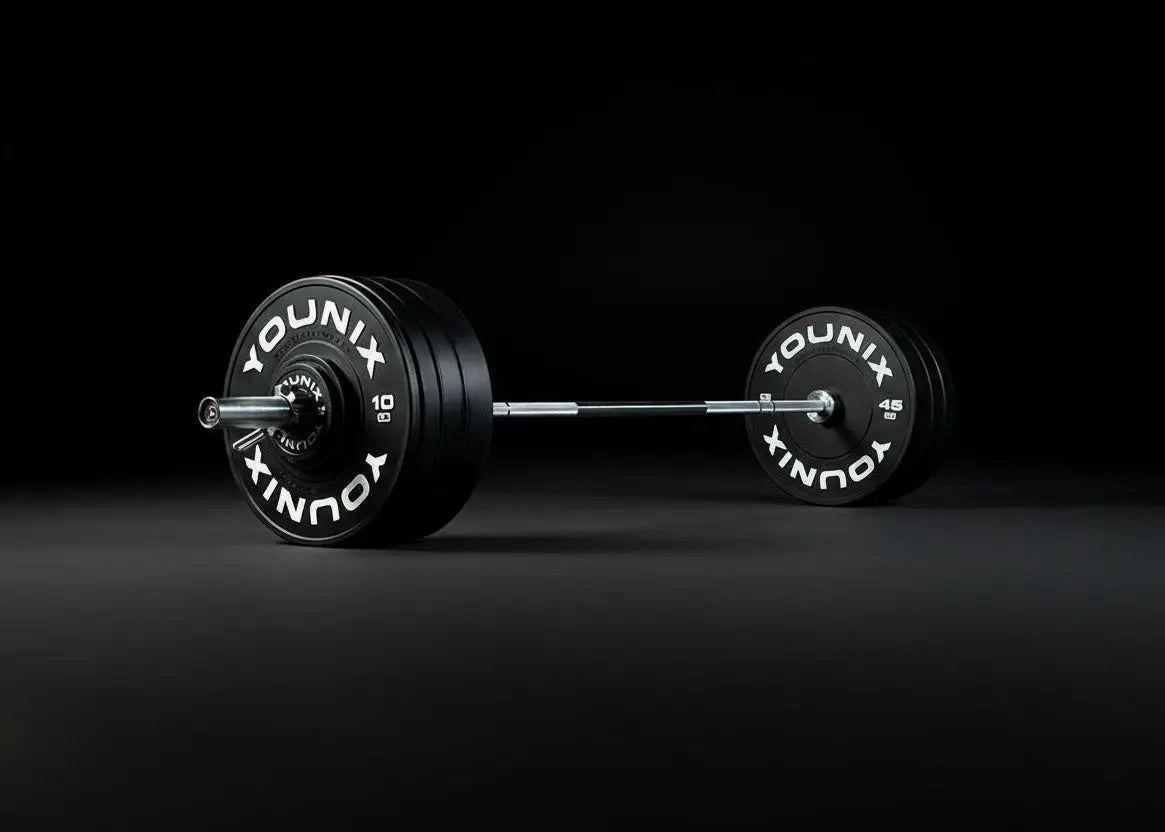 Younix Bumper Bundle 140 kg Langhantel-Set, beladene Langhantelstange vor dunklem Hintergrund