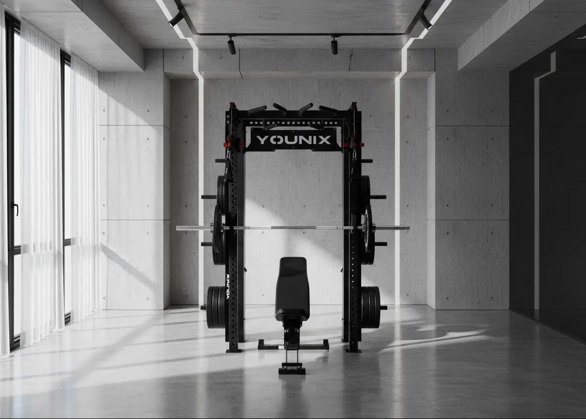 Younix Cable Rack Kabelzug-Power-Rack mit Hantelbank in einem hellen Raum mit großen Fenstern, Schwarz-Weiß-Aufnahme