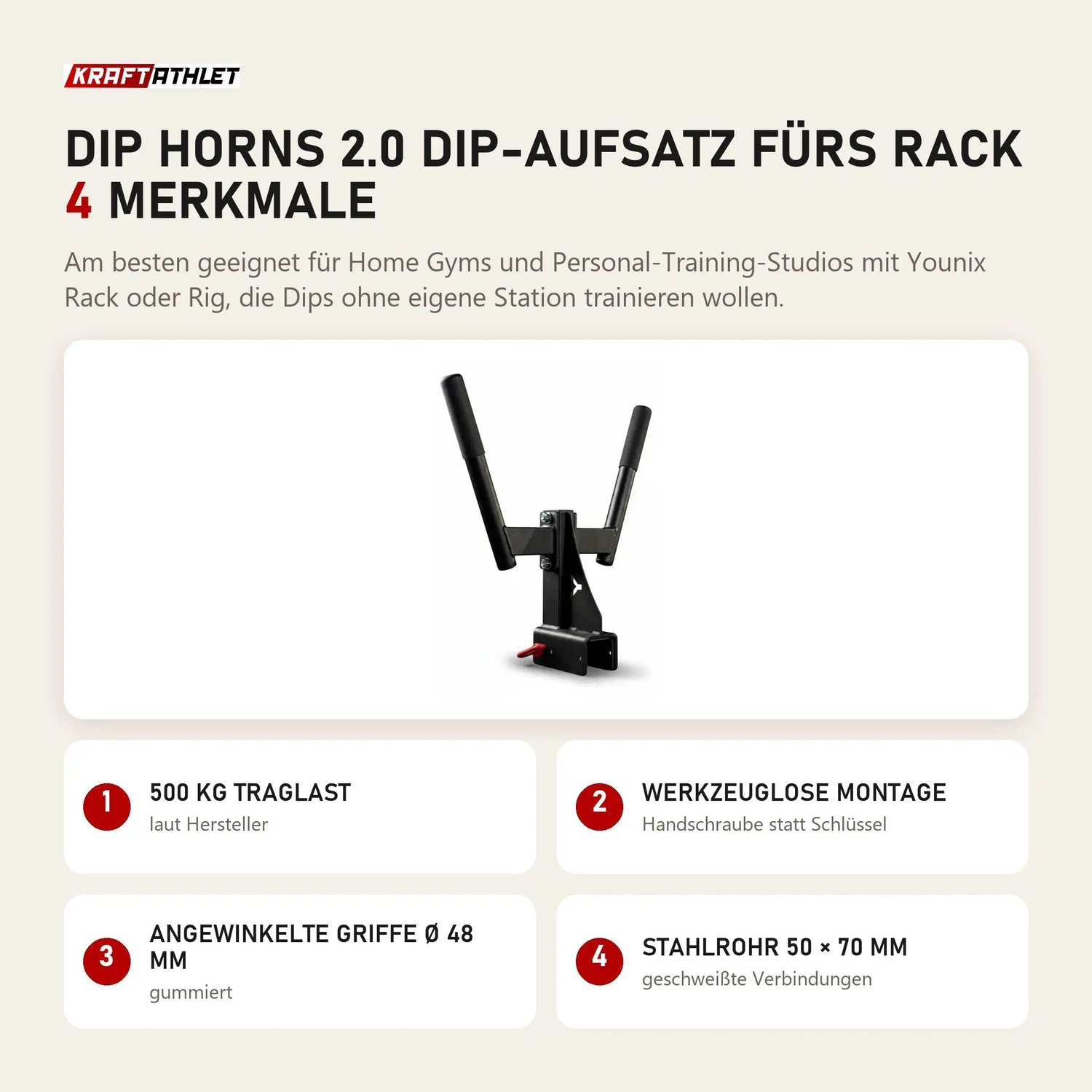 Younix Dip Horns 2.0 Dip-Aufsatz fürs Rack mit 4 Merkmalen: 500 kg Traglast, Werkzeuglose Montage, Angewinkelte Griffe Ø 48 mm, Stahlrohr 50 × 70 mm