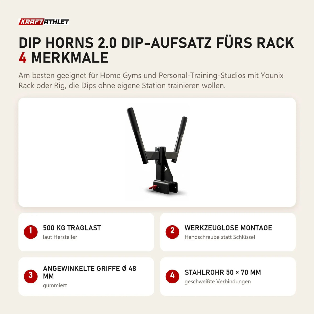 Younix Dip Horns 2.0 Dip-Aufsatz fürs Rack mit 4 Merkmalen: 500 kg Traglast, Werkzeuglose Montage, Angewinkelte Griffe Ø 48 mm, Stahlrohr 50 × 70 mm