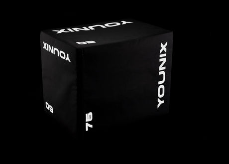 Younix Foam Box Plyo Box in schwarz vor dunklem Hintergrund, Ansicht von oben mit Höhenangaben auf den Seiten