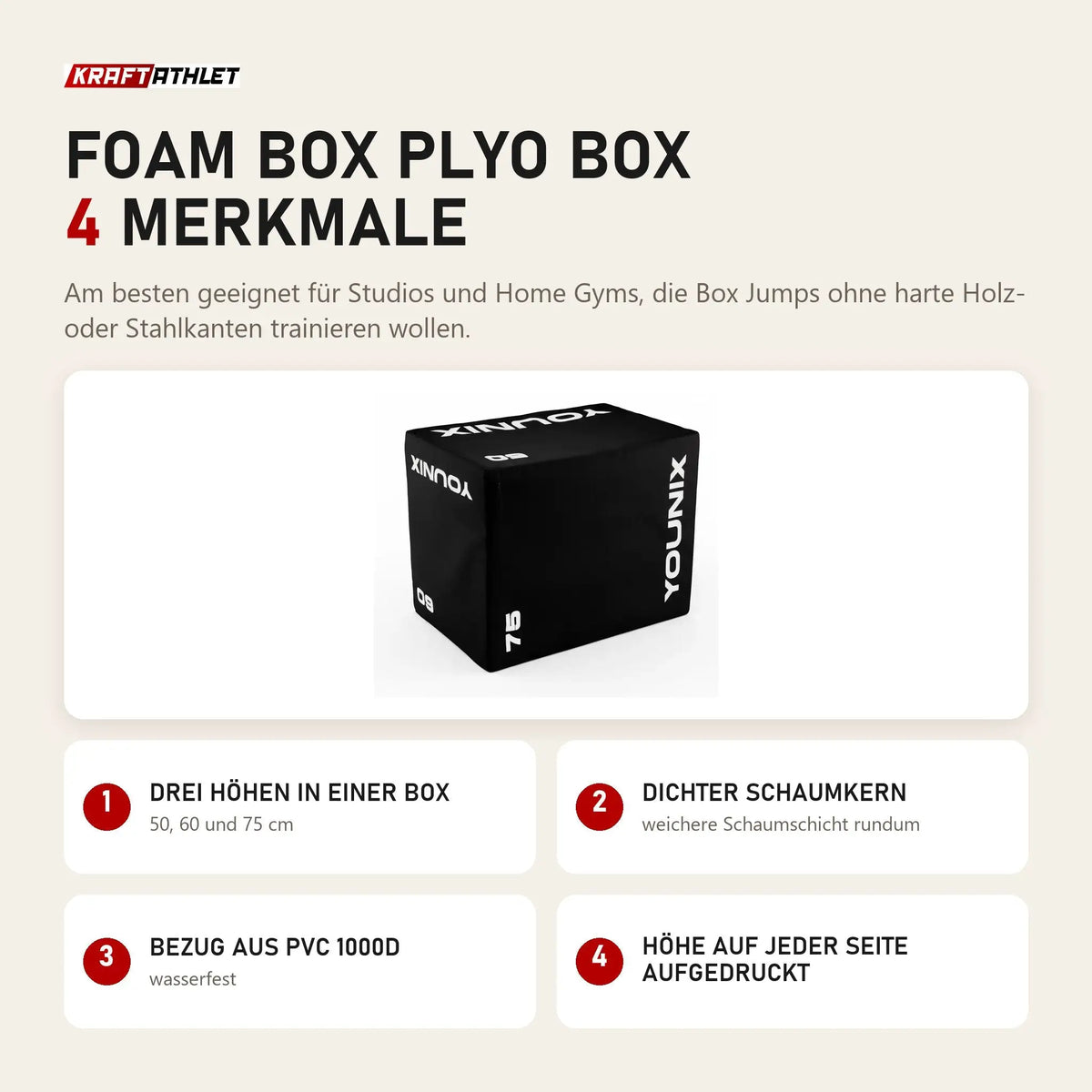 Younix Foam Box Plyo Box mit 4 Merkmalen: Drei Höhen in einer Box, Dichter Schaumkern, Bezug aus PVC 1000D, Höhe auf jeder Seite aufgedruckt