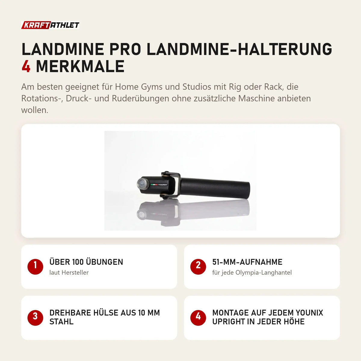 Younix Landmine Pro Landmine-Halterung mit 4 Merkmalen: Über 100 Übungen, 51-mm-Aufnahme, Drehbare Hülse aus 10 mm Stahl, Montage auf jedem Upright in jeder Höhe