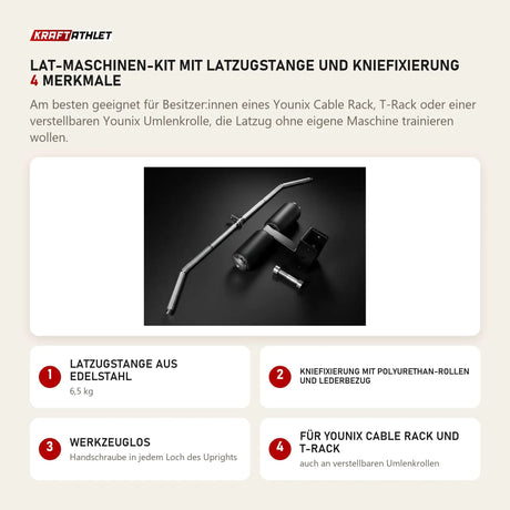 Younix Lat-Maschinen-Kit mit Latzugstange und Kniefixierung mit 4 Merkmalen: Latzugstange aus Edelstahl, Kniefixierung mit Polyurethan-Rollen und Lederbezug, Werkzeuglos, Für Cable Rack und T-Rack