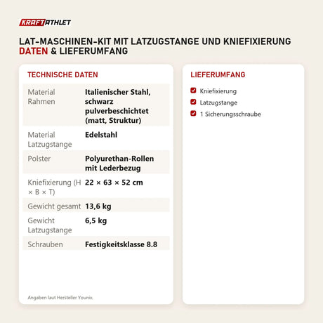 Technische Daten und Lieferumfang von Younix Lat-Maschinen-Kit mit Latzugstange und Kniefixierung als Tabelle