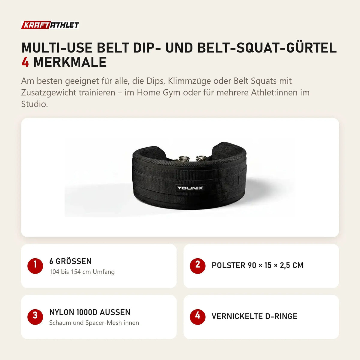 Younix Multi-Use Belt Dip- und Belt-Squat-Gürtel mit 4 Merkmalen: 6 Größen, Polster 90 × 15 × 2,5 cm, Nylon 1000D außen, Vernickelte D-Ringe
