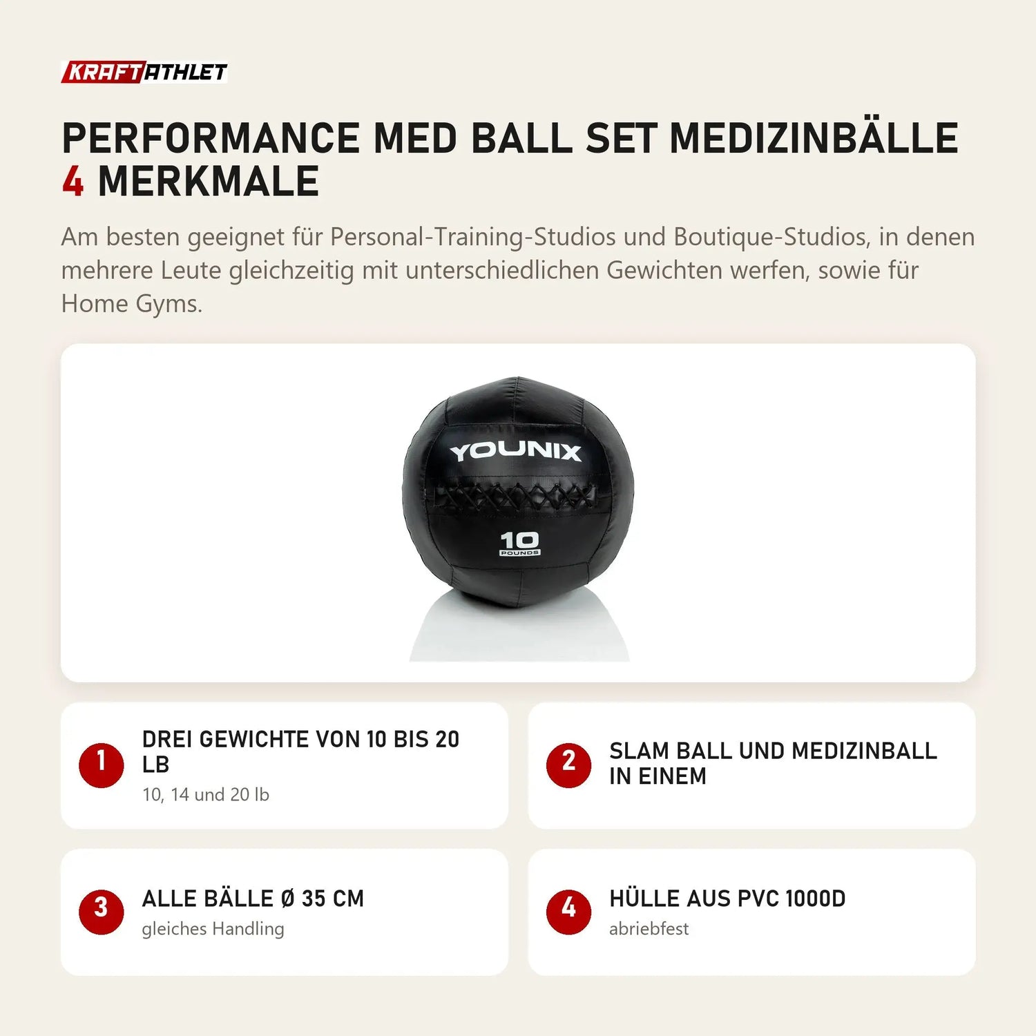 Younix Performance Med Ball Set Medizinbälle mit 4 Merkmalen: Drei Gewichte von 10 bis 20 lb, Slam Ball und Medizinball in einem, Alle Bälle Ø 35 cm, Hülle aus PVC 1000D