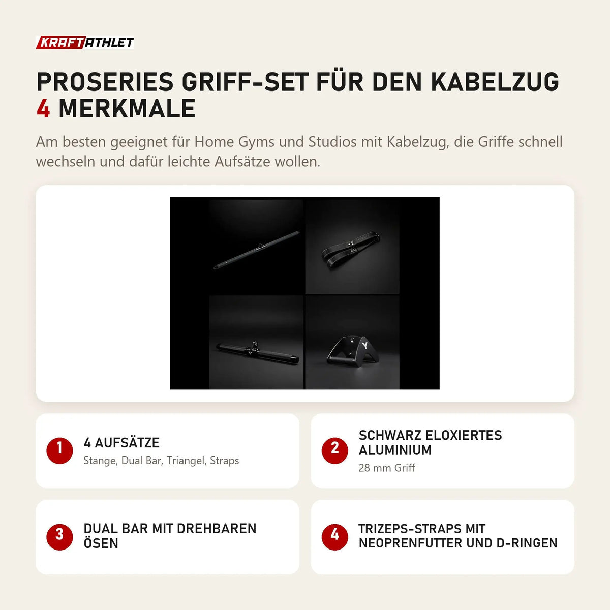 Younix ProSeries Griff-Set für den Kabelzug mit 4 Merkmalen: 4 Aufsätze, Schwarz eloxiertes Aluminium, Dual Bar mit drehbaren Ösen, Trizeps-Straps mit Neoprenfutter und D-Ringen