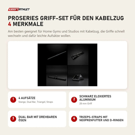 Younix ProSeries Griff-Set für den Kabelzug mit 4 Merkmalen: 4 Aufsätze, Schwarz eloxiertes Aluminium, Dual Bar mit drehbaren Ösen, Trizeps-Straps mit Neoprenfutter und D-Ringen