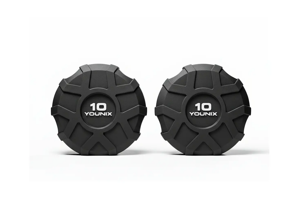 Younix ProSeries Kurzhantel-Set mit Double Deck Hantelablage: zwei 10-kg-Kurzhanteln mit Logo, Stirnseite auf Weiß