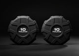 Younix ProSeries Urethan-Kurzhanteln 2,5–30 kg Set – Stirnansicht zweier Hanteln mit geprägter Gewichtsangabe, dunkler Hintergrund