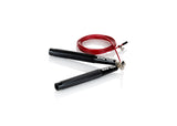 Younix Skill Rope Springseil, aufgerolltes rotes Seil mit zwei schwarzen Aluminiumgriffen liegend
