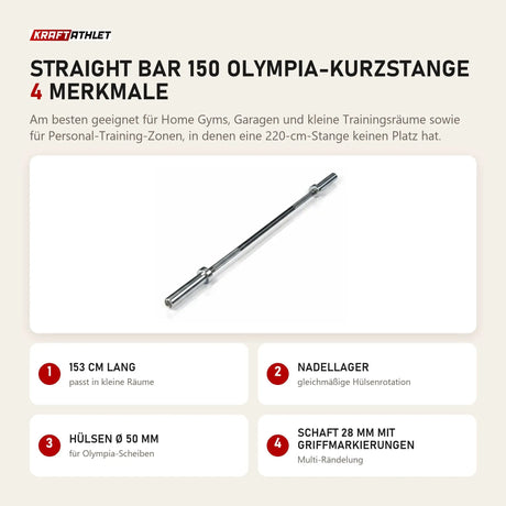 Younix Straight Bar 150 Olympia-Kurzstange mit 4 Merkmalen: 153 cm lang, Nadellager, Hülsen Ø 50 mm, Schaft 28 mm mit Griffmarkierungen
