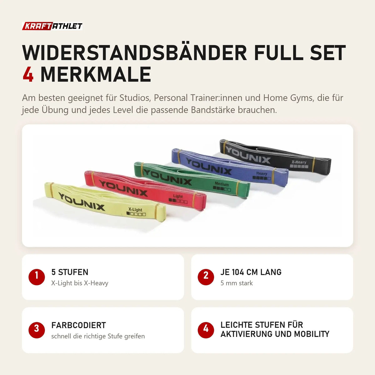Younix Widerstandsbänder Full Set mit 4 Merkmalen: 5 Stufen, Je 104 cm lang, Farbcodiert, Leichte Stufen für Aktivierung und Mobility